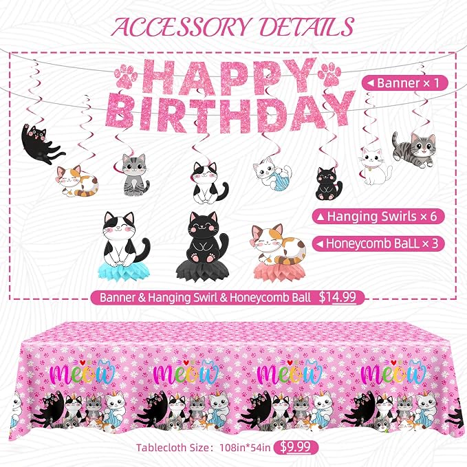 188PCS Cat Party Supplies Set - Complete Cat Themed Birthday Party Decorations with Plates, Cups, Napkins, Tablecloth, Honeycomb Centerpieces,Banner and Hanging Swirls