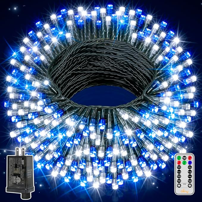 Ollny Christmas Lights Outdoor Indoor Decor, 132FT 400LED Blue & White String Lights 8 Modes Plug in Waterproof, Xmas Fairy Lights with Remote for Tree House Holiday Yard Bedroom Home Party
