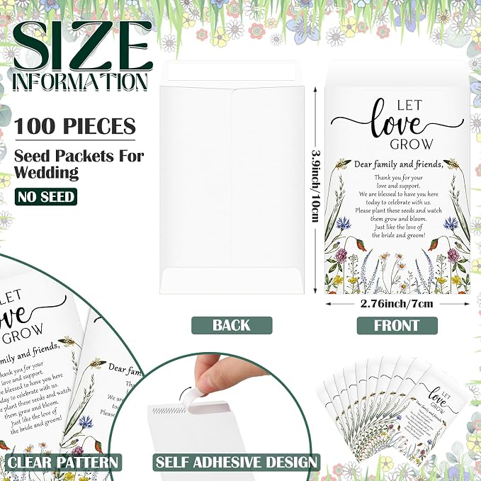Ctosree 100 Set Wedding Favors for Guests Bulk Include 100 Pcs Self Adhesive Seed Packets Kraft Paper Seed Envelopes Let Love Grow Cards and Organza Gift Bags for Bridal Shower (Retro)