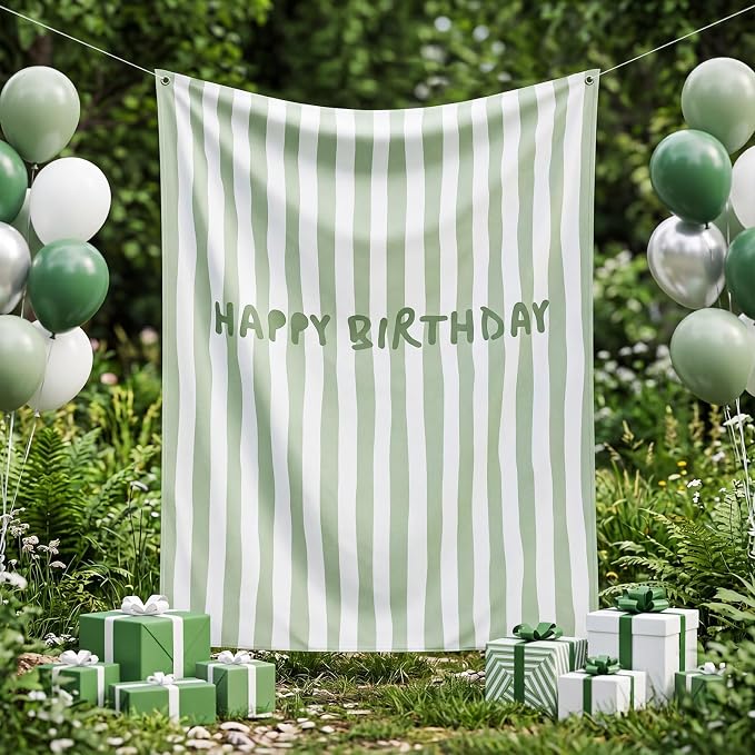 Flutesan 7x5ft Sage Green Stripe Happy Birthday Backdrop Large Banner Fabric Tapestry Birthday Party Decoration Baby Shower Linen Rustic Background Wall Photo Props Indoor Outdoor