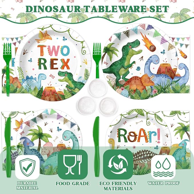 210 Pcs 2nd Dinosaur Birthday Party Decorations Serves 24 ，Two-Rex Theme Dino Roar Party Supplies with Banner Hanging Plates Napkins Cups Forks Knives Tablecloth Topper Balloons for Boy Party