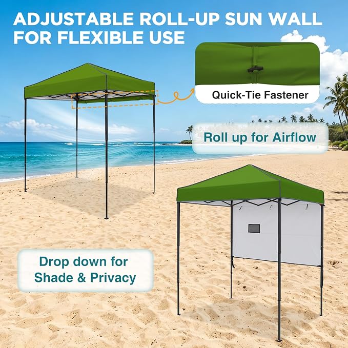 EAGLE PEAK 6x4 Instant Pop Up Canopy Tent with 1 Half Wall Panel, Straight Leg Sun Shelter, Portable Canopy with Carry Bag for Camping, Beach & Sports, Grass Green