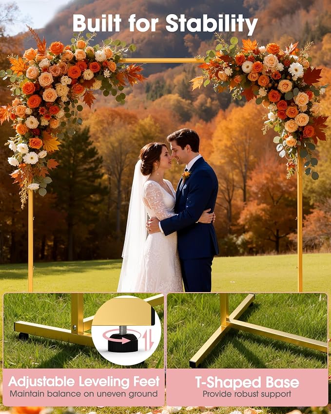 Pureegg Square Backdrop Stand - 6.6FT Gold Balloon Arch Stand with Adjustable Leveling Feet, Easy-to-Assemble Metal Wedding Arch for Wedding Decor, Parties
