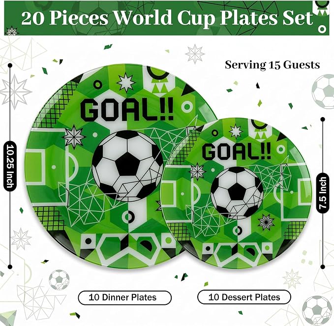 I00000 20 Pcs Plastic Soccer Plates - Green Disposable Plates,Heavy Duty Disposable Plate for Global Soccer Celebration Party Supplies include 10.25" Dinner Plate& 7.5" Dessert Plate for soccer Party