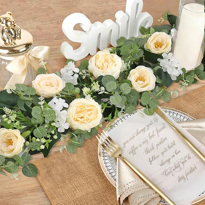 Betylifoy 2 Pack 12Ft Champagne Flower Garland Artificial Eucalyptus Flower Garlands Fake Peony Rose Floral Vines Hanging Hydrangea Flowers Faux Greenery Garland for Wedding Party Table Backdrop Decor