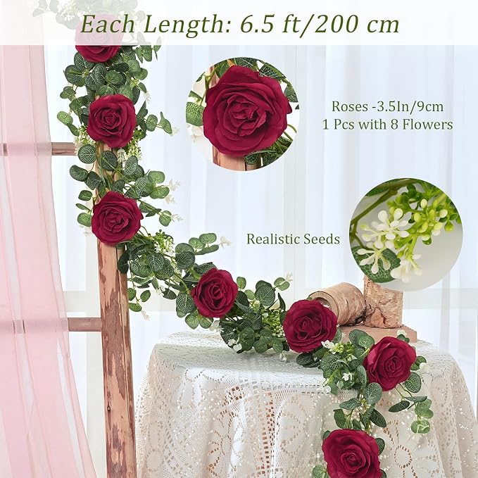Dolicer 2Pcs 13Ft Artificial Eucalyptus Garlands with Flowers - 8 Roses, Faux Floral Greenery Garlands Fake Flowers Vines for Wedding Table Centerpieces Arch Party Ceremony Backdrop Decor (Red)