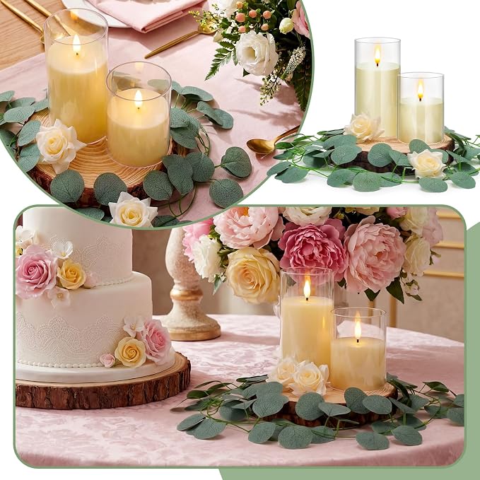 VIHOSE 36 Pcs Wooden Wedding Candle Centerpiece Includes 7.1"-7.9" Round Wood Slices, Eucalyptus Garlands, Flameless LED Candles and Artificial Roses for Wedding Country Farmhouse Table Decor, 6 Sets