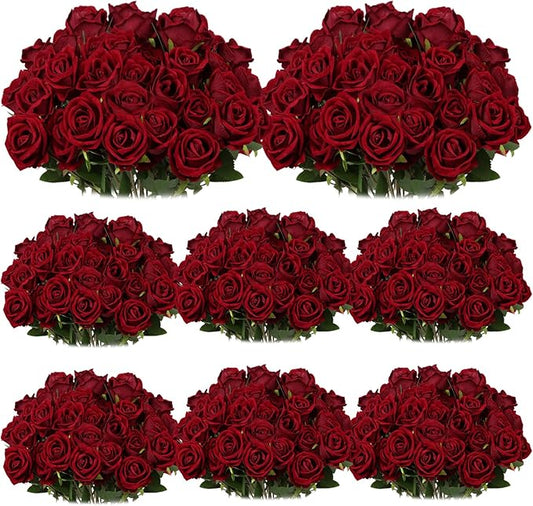 100 Pcs Artificial Silk Roses Flowers Bulk Realistic Long Stem Faux Flower Bouquet for Wedding Centerpieces, Valentine's Day Decor, Home Arrangements, Table Decorations(Wine Red)