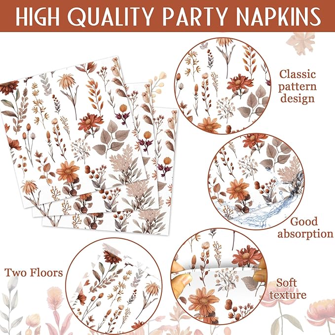Fall Floral Plates and Napkins for Wildflower Party Supplies Watercolor Fall Floral Dessert Plates Autumn flower Tableware Set for 24 Guests Birthday Baby Shower Wedding Party Decorations
