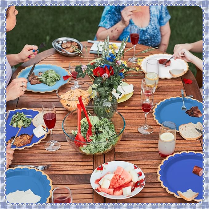 Mimorou 338 Pcs Royal Blue and Gold Party Supplies for 48 Guests, Gradient Blue Scalloped Paper Plates Napkins Cups Gold Cutlery for Ocean Sea Graduation Baby Shower Birthday Wedding Party Decorations