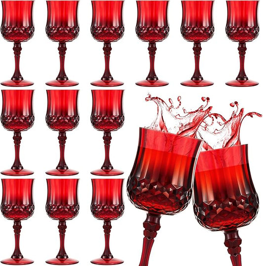 Pinkunn 12 Pcs 7 oz Plastic Vintage Wine Glasses Reusable Colored Goblets Patterned Drinking Water Glasses Cup Dishwasher Safe for Mother's Day Wedding Reception Party Supplies (Red)