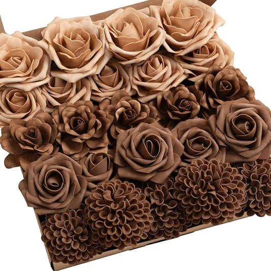 Ling's moment Artificial Flowers Fake Dahlia Faux Gardenia Foam Roses Combo for DIY Wedding Bouquets Centerpieces Arrangements Bridal Shower Party Home Decorations, Earth Brown & Sand Beige, 24pcs