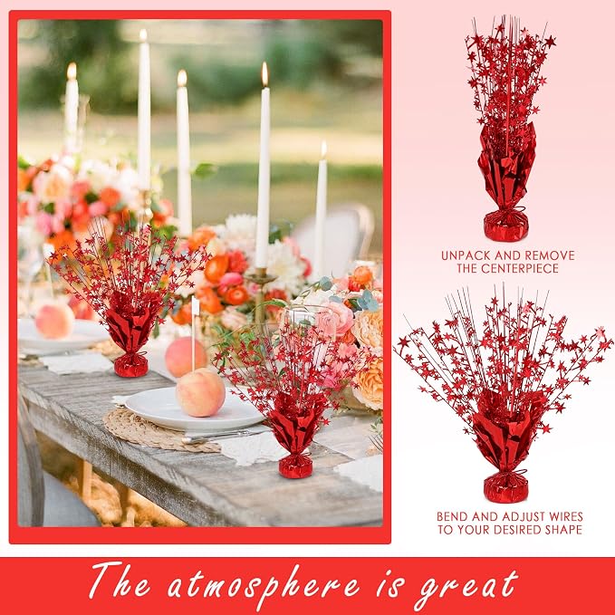 8 Pack Metallic Star Spray Centerpieces for Tables - Bulk 12.4" Foil Fountain Table Decorations for Large Events, Graduation 2026, Wedding Reception (Red)