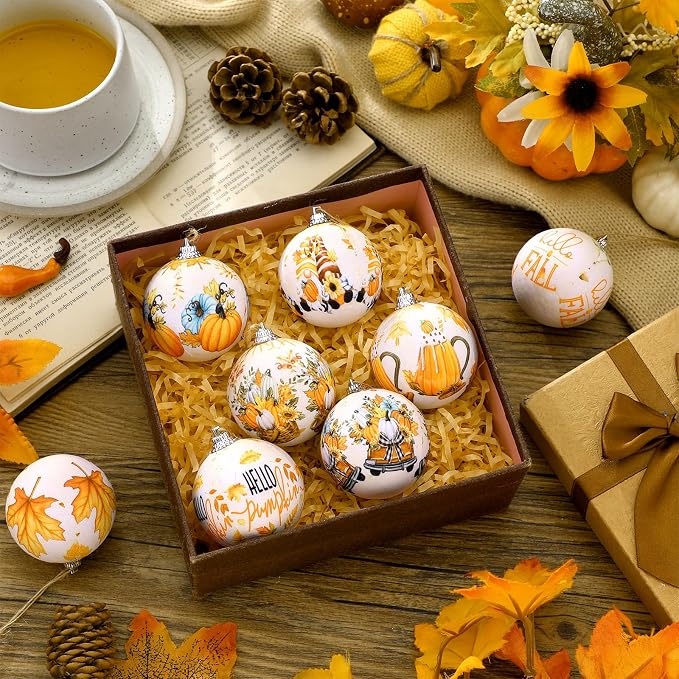 Outus 16 Pcs Fall Ornaments for Tree Autumn Thanksgiving Ball Decorations Pumpkin Maple Leaf Hanging Ornament for Fall Autumn Harvest Home Fireplace and Holiday Party Supplies