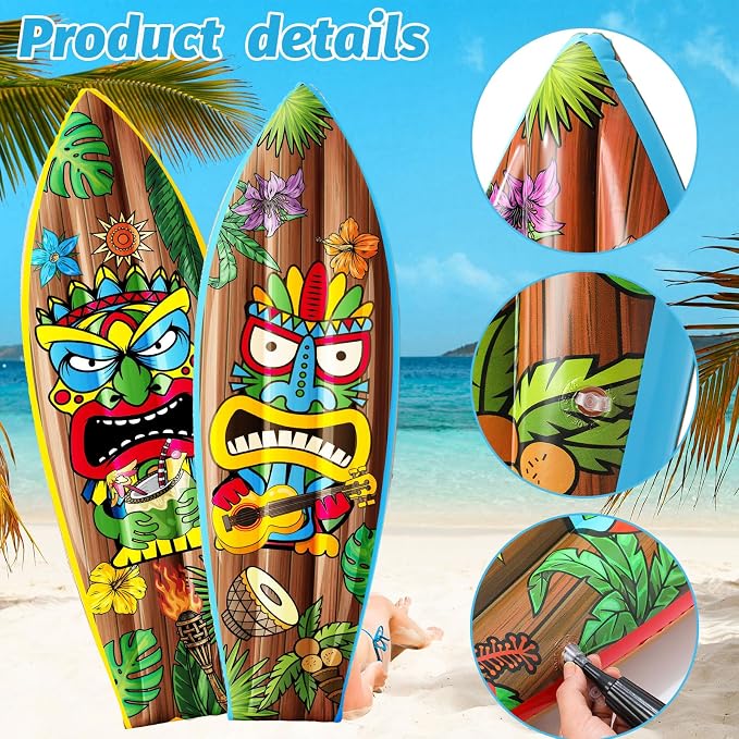 JellyArch 4 Pcs Tiki Inflatable Surf Board 36 Inch Tiki Party Decorations Blow up Surfboard Bar Decorations Inflatable Pool Floats for Hawaiian Luau Tropical Beach Party Supplies Outdoor Decor