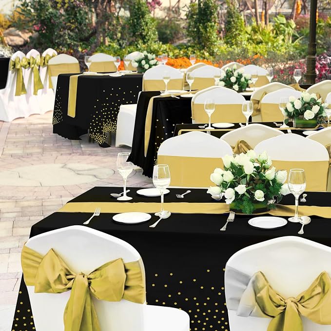 24 Pack Black and Gold Tablecloth and Table Runner Set Party Decorations, Black and Gold Plastic Disposable Tablecloth and Satin Table Runner for Wedding Birthday Bridal Graduation Anniversary Party