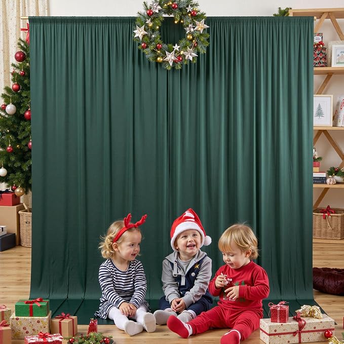 50ft x 10ft Wrinkle Free Hunter Green Backdrop Curtain for Jungle Parties, 10 Panels 5×10ft Soft Silky Green Polyester Photo Backdrop Drapes for Wedding Birthday Photography Christmas Background Cloth
