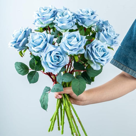 Ttranewsoo Fake Roses Faux Flowers Silk Roses 12PCS Artificial Roses with Stems Realistic Artificial Flowers Suitable for Indoor Home Decoration Diy Bouquet Wedding Decor Party Decoration （Blue）16.5“