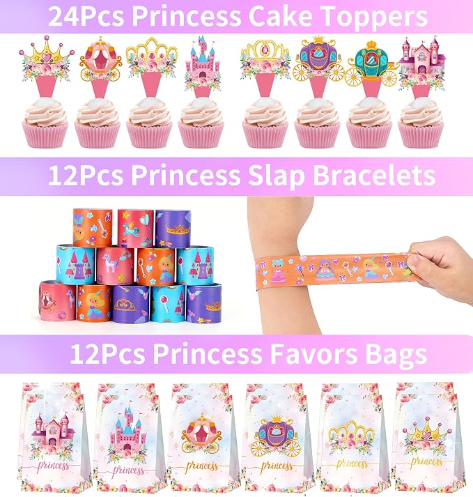 308PCS Princess Birthday Party Decorations Favors, Including Goodie Bags, Crown, Magic Wand, Straws, Bubble Wands, Stickers, Cake Toppers, Tattoo & More-Perfect for Party Decorations & Pinata Fillers