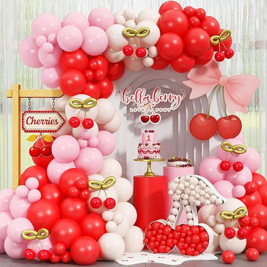 Cherry Balloon Garland Arch Kit, 115pcs Red and Pastel Pink White Metallic Gold Long Latex Balloons for Birthday Baby Shower Wedding Valentines Day Anniversary Cherry on Top Party Decorations