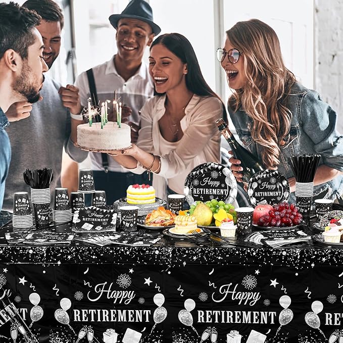 Funnymoom 452 Pcs Retirement Party Decorations Supplies Set Include Black and Silver Retirement Paper Plates Napkins Cups Tablecloth Cutlery Straws for Men Women Say Goodbye Party