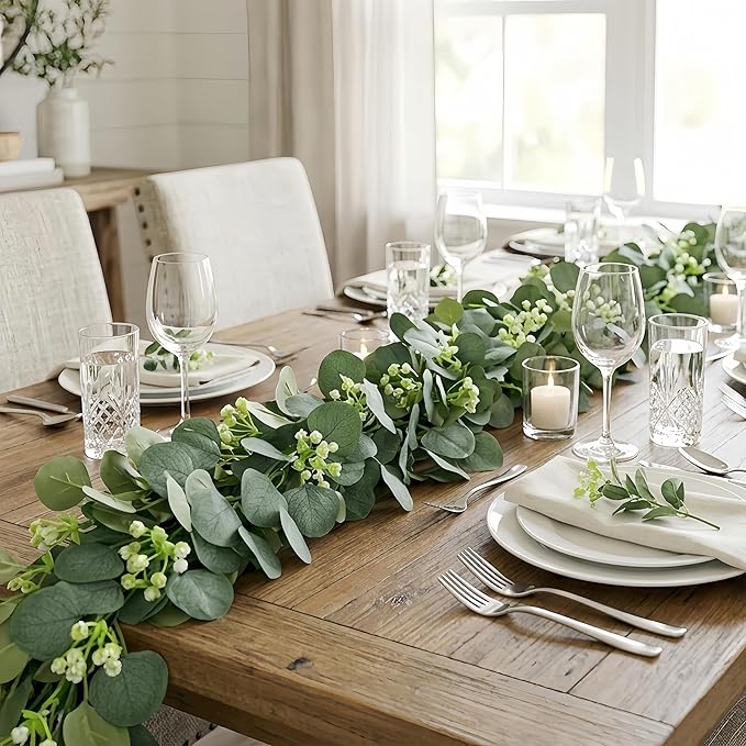 Artificial Eucalyptus Garland 8 Pack, Faux Eucalyptus Greenery Garland 6 ft, Realistic Eucalyptus Vine with Flowers for Wedding Table Centerpiece Mantel Fireplace Indoor Outdoor Decor