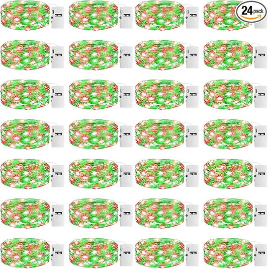 24 Pack Fairy Lights with Timer Battery Operated, 3 Modes 7ft Mini Twinkle Lights Waterproof, 20 LED Bulk String Light for Mason Jars Christmas Decoration Wedding Table Centerpieces,Red&Green