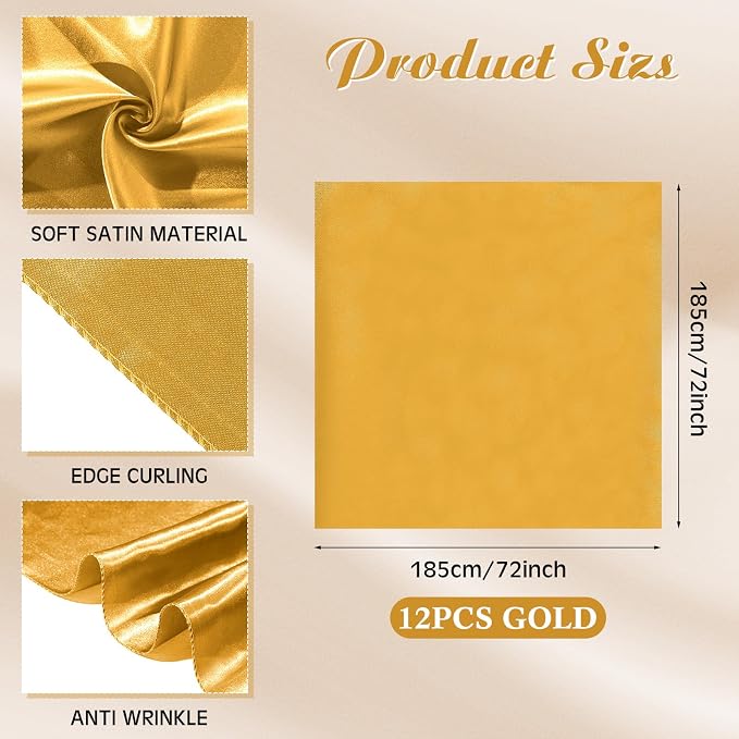 Newwiee 12 Pcs 72 Inch Satin Tablecloth Square Overlay Smooth Fabric Tablecloth Satin Table Cover Fabric Decoration Dining Cloths for Party Wedding Banquet Table Decoration(Gold)