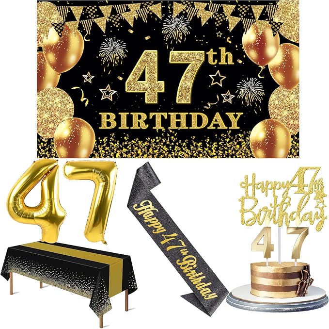 47th Birthday Decorations Men Women with 47th Birthday Banner, Black and Gold Table Cloth, Number Balloons, Large Sash, Cake Topper and Candles