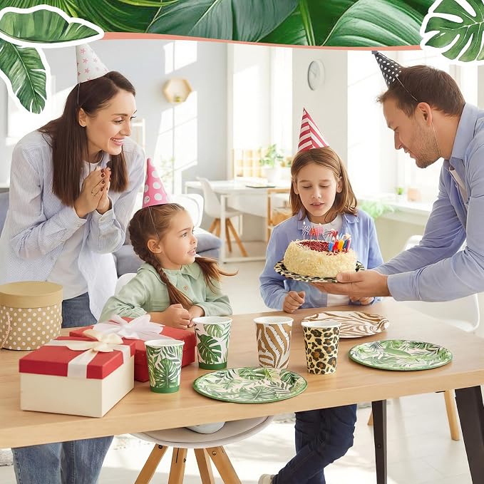 Domensi 220 Pcs Jungle Safari Animal Party Supplies Serves 40 Guest Safari Theme Tableware Set Disposable Wild Animal Print Paper Plate Cup and Napkin for Jungle Baby Shower Birthday Party Decoration