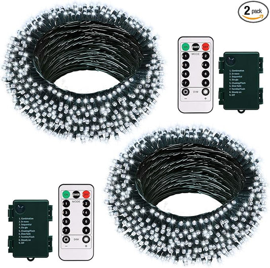 2 Pack String Lights Battery 33Ft 10 LED Christmas Tree Lights for Garden | Green Wire,Remote,Timer, 8 Modes, Waterproof, Fairy Lights for Bedroom Wreath Tree Christmas Decor, Cool White