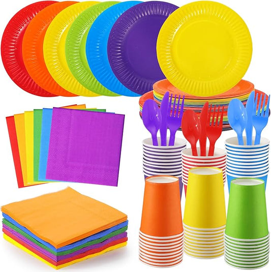 Inbagi 420 Pcs Rainbow Party Supplies Include 7" and 9" Colorful Paper Plates Colored Napkins Cups Spoon Fork Knif Disposable Dinnerware Set for Fiesta Neon Birthday Baby Shower Party Decorations