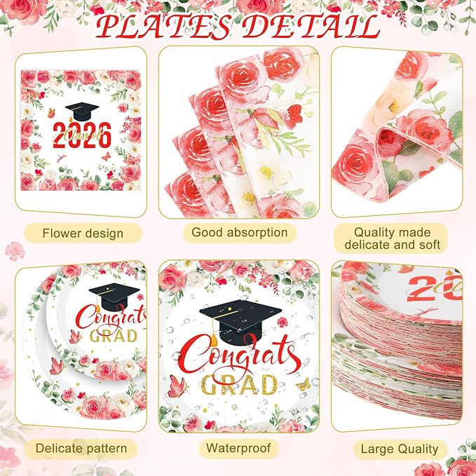 Funnymoom 452 Pcs 2026 Red Floral Graduation Decoration for 50, Class of 2026 Red White Gold Grad Paper Plates Napkins Cups Tablecloth Cutlery Straws for College School Congrats Grad Party Supplies