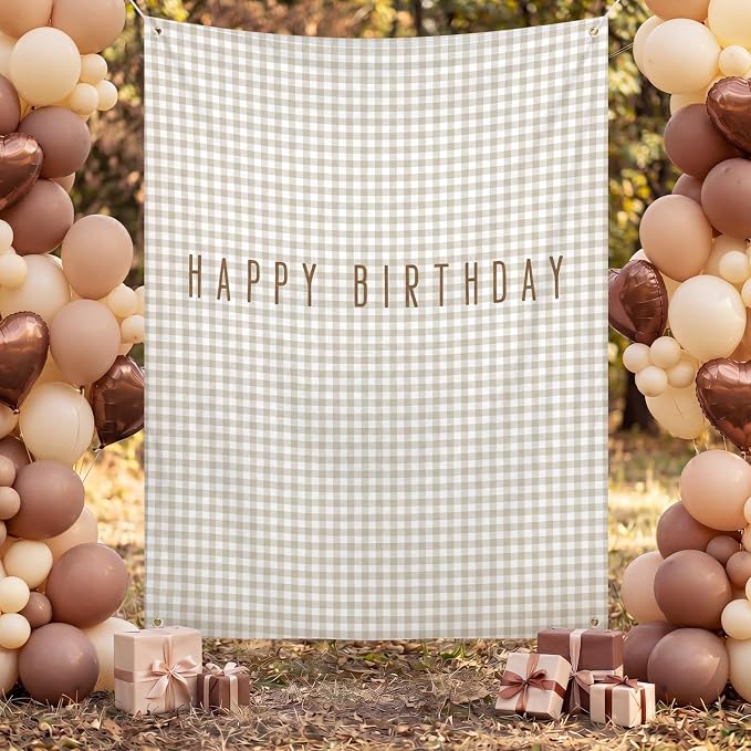 Flutesan 7x5ft Brown Gingham Happy Birthday Backdrop Large Banner Fabric Tapestry Birthday Party Decoration Baby Shower Linen Rustic Background Wall Photo Props Indoor Outdoor