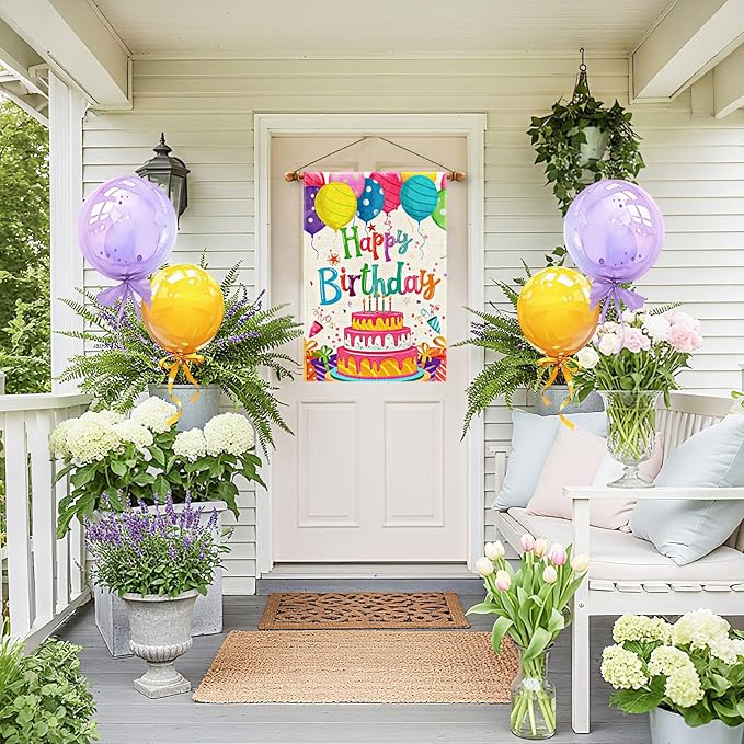 Happy Birthday House Flags 28x40 Double Sided Burlap, Colorful Balloon Cake Toppers Personalized Banner Farmhouse Yard Sign Birthday Party Outdoor Decorations DF576-28