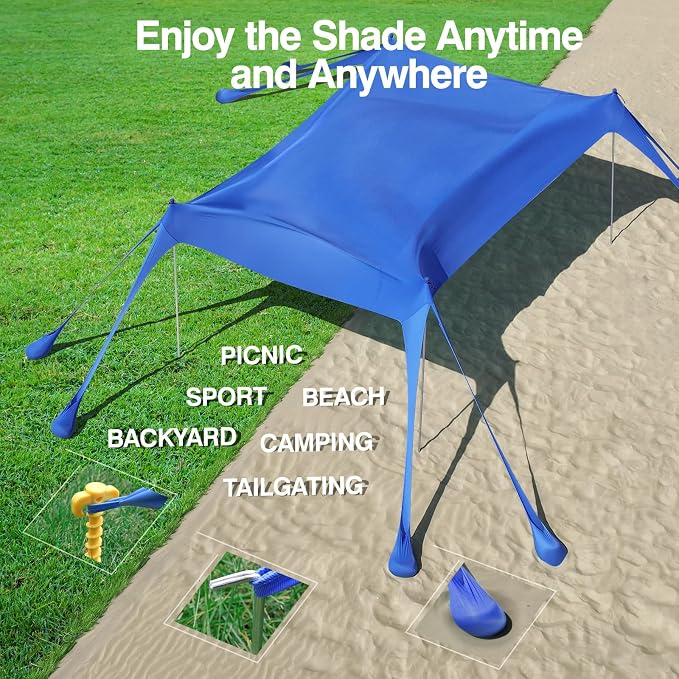 Rhino Valley Beach Tent, 10 x 13 FT Beach Shade UPF50+ Protection, Beach Canopy with 8 Sandbags 4 Stability Poles,Outdoor Beach Tent Sun Shelter Umbrella for Sand,Camping,Fishing Essentials, Indigo