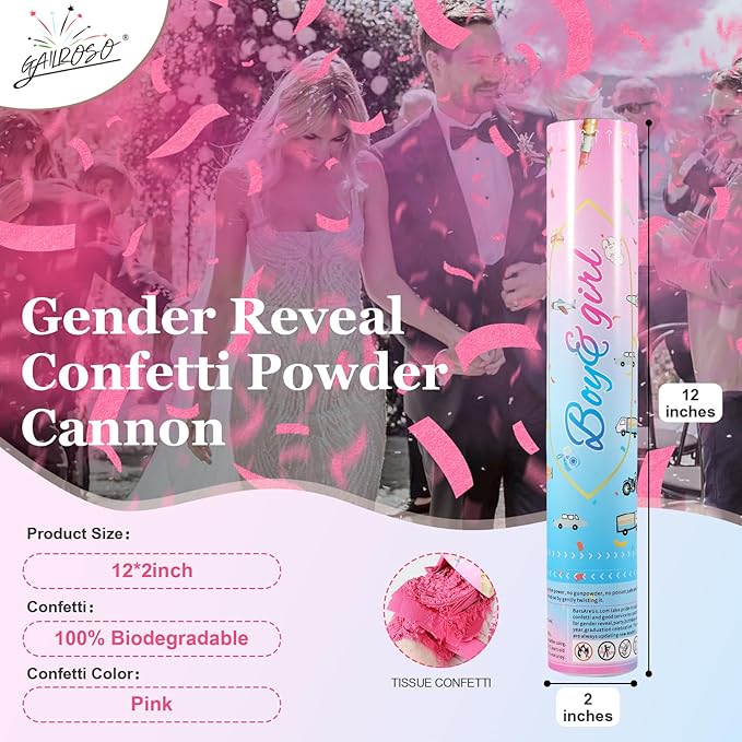 Gender Reveal Confetti Cannon,4 Pink Safty Corn Powder Smoke Party Poppers Shoots 20-25ft,12 inch Upgrade Firmware Baby Shower