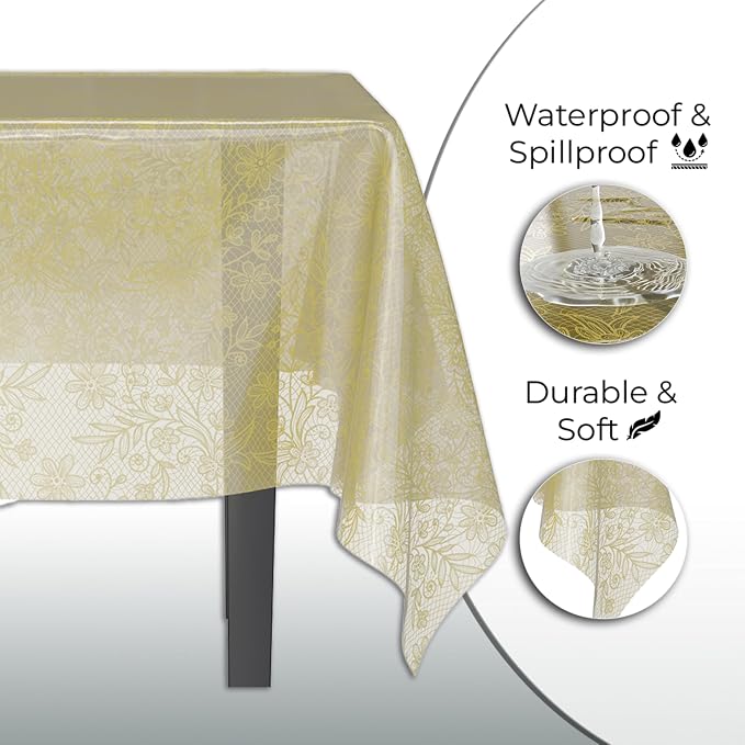 Exquisite Lace Table Cloth Rectangle Table Plastic 12-Pack Lace Tablecloth Rectangular 54" X 108" | Clear & Gold Floral Tablecloth Disposable | Wild Flower Party Decorations & Party Supplies