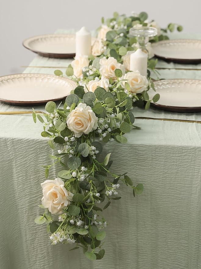 Anna's Whimsy 5.91FT Artificial Eucalyptus Greenery with Flowers, Fake Rose Gypsophila for Wedding Spring Home Party Decor