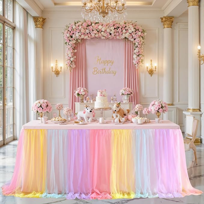 Pastel Rainbow Table Cloths for Parties Tulle Table Skirts Rectangle Tables 6ft Fitted Spandex Table Covers Stretch Elastic Banquet Wedding Baby Shower Birthday Party Table Cloths 6 Foot Rectangle