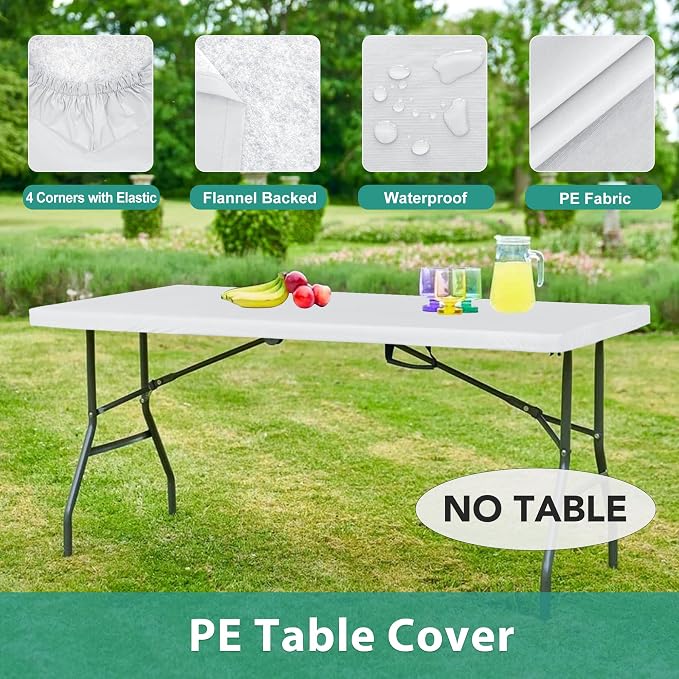 LUSHVIDA 6 Packs Vinyl Tablecloths with Flannel Backing for 4ft Rectangle Folding Table Cloths - Waterproof Plastic Picnic Table Covers with Elastic Corners, 30x48 inch, White