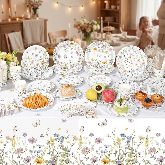 Ceenna 390 Pcs Wildflower Party Decorations for 48 Guests, Spring Floral Paper Plates Napkins Cups Tablecloth Cutlery Disposable Tableware Set for Flower Baby Shower Birthday Wedding Party Supplies
