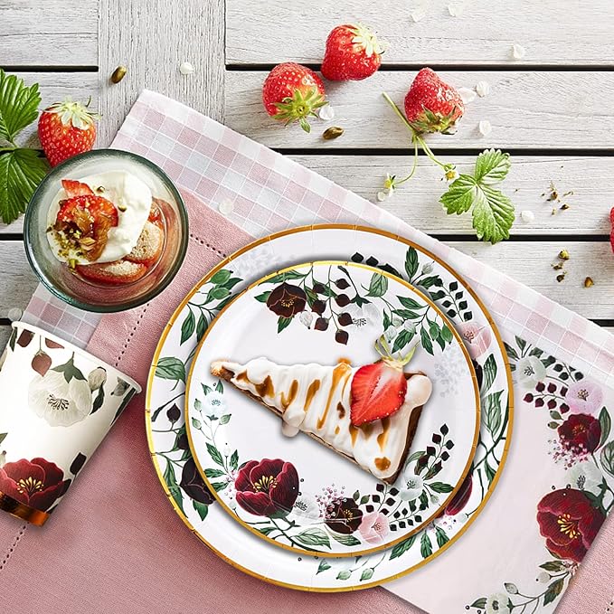 200Pcs Floral Paper Plates and Napkins Party Supplies - Bridal Shower Decorations Serves 50, Burgundy for Wedding, Birthday, Valentine's Day, Easter, Spring Party