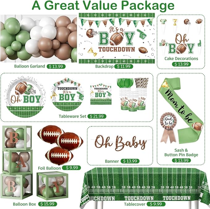 Cocomigo 287pcs Football Baby Shower Decorations for Sports Fans, All-in-one Green Football Baby Shower Set for 25 Guests, with Balloon Arch Thick Plates Tablecloths and Cupcake Toppers
