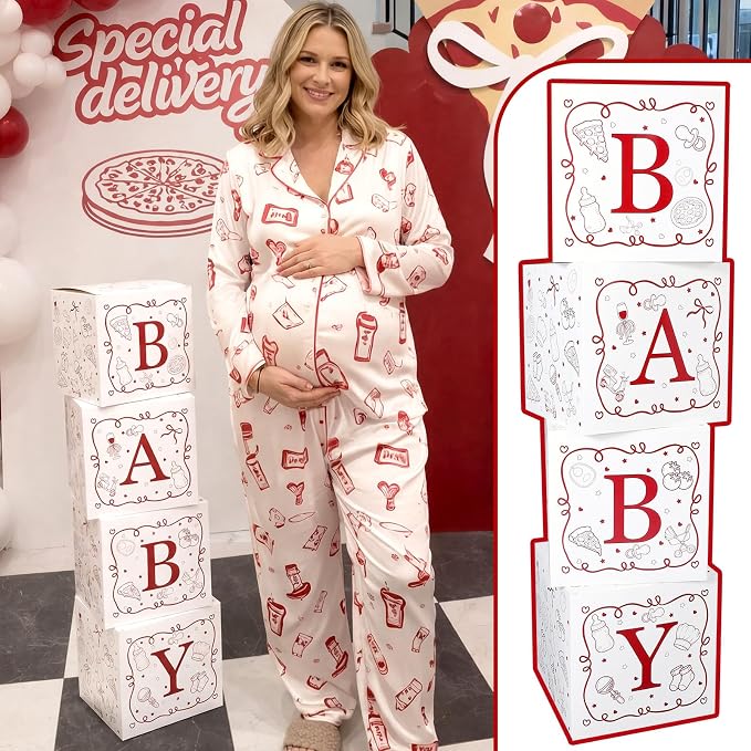 Vicenpal Special Delivery Pizza Baby Shower Boxes with Letters for Baby Shower Decorations Italian Pizza Gender Reveal Decoration Photo Prop Set of 4 Birthday Party Favors