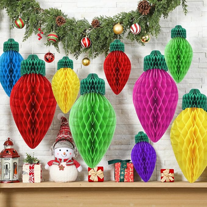 12 Pcs 20" and 12" Bright Jumbo Christmas Lights Honeycomb Hanging Decoration Large 3D Light Bulb Xmas Assorted Colors Honeycomb Light for Christmas Tree Mantel Ceiling Classroom Ornament