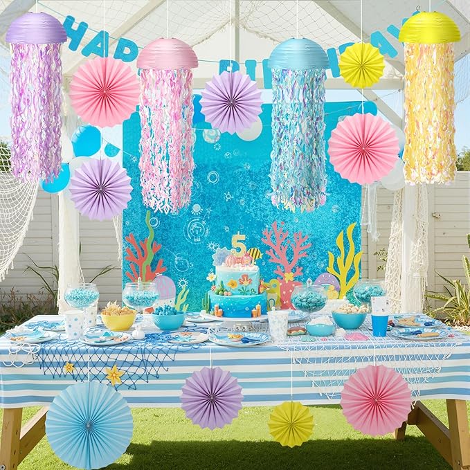 16 Pcs Hanging Jellyfish Paper Lantern Set Includes Jellyfish Lantern Paper Folding Fan Bubble for Mermaid Birthday Sea Ocean Theme Parties Classroom Decorations (Macaron Colors)