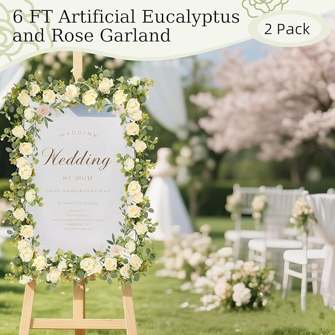 Lewondr Artificial Eucalyptus Garland with Flower, 2Pack 13FT Faux Floral Greenery Garlands Fake Flowers Vines, Maintenance-Free for Wedding Table Backdrop Party Centerpiece Room Decor, Champagne