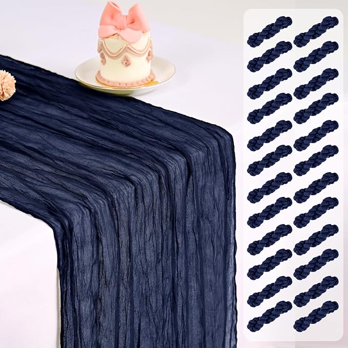 Pesonlook 24 Pack Cheesecloth Table Runner,Navy Blue Table Runner Long Romantic Semi Sheer Rustic Boho Gauze Table Runners for Wedding Bridal Shower Birthday Party Decorations(17.7×108 Inch)