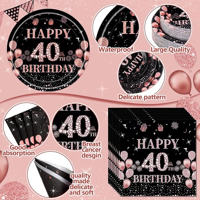Funnymoom 452 Pcs 40th Birthday Decorations for Women Black and Rose Gold 40th Birthday Paper Plates Cups Napkins Tablecloth Cutlery Straws for Girls Women 40 Year Old Party Supplies for 50 Guests